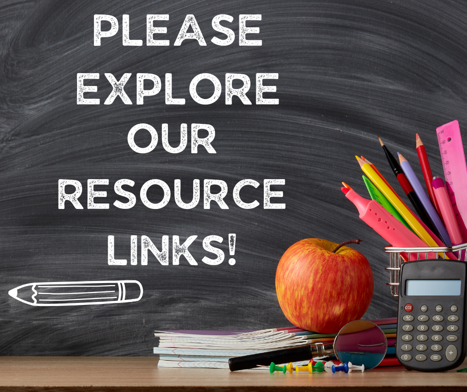 A chalkboard displays a message instructing people to click on the resource links